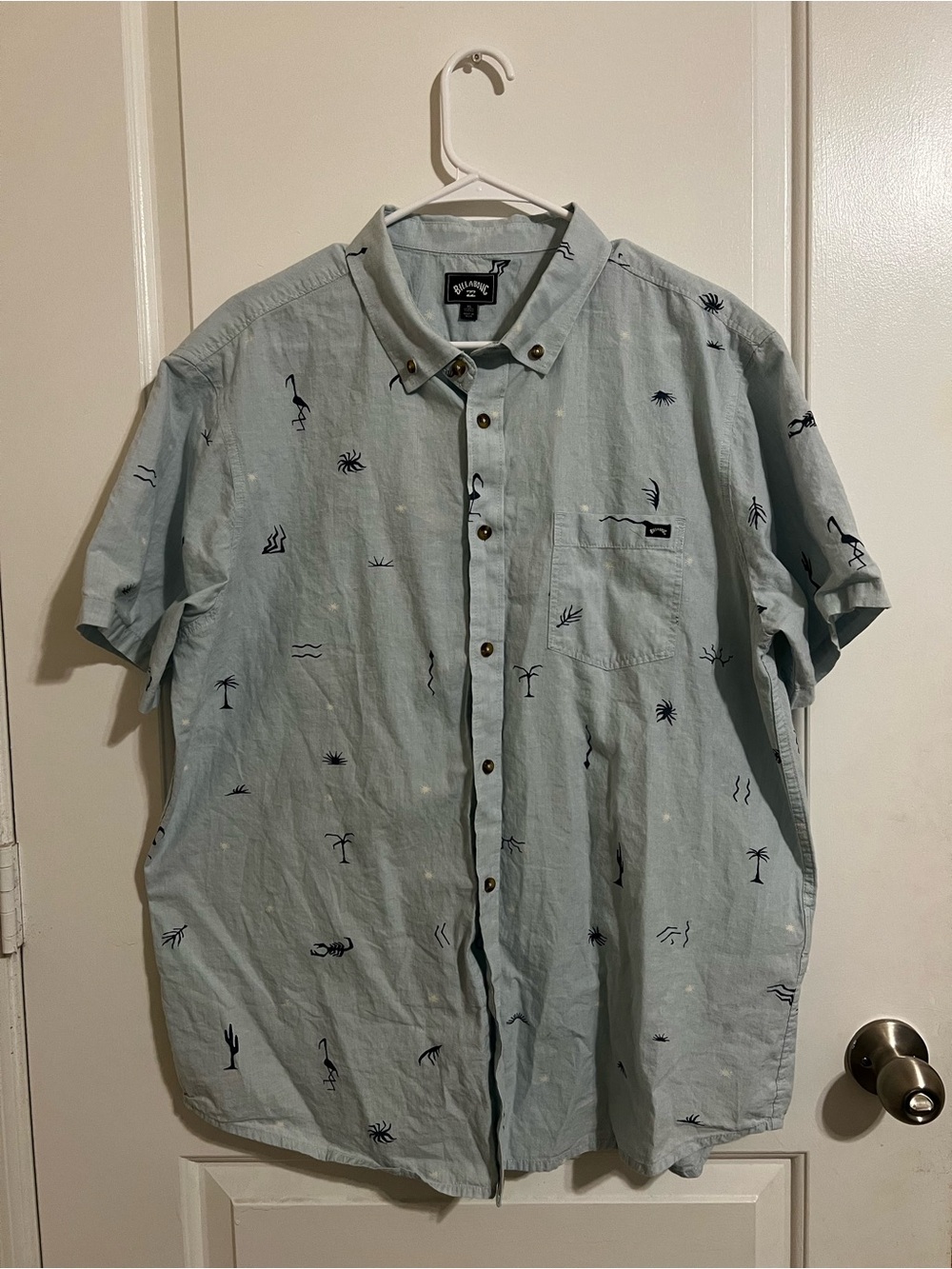 Billabong Light Blue Short Sleeve Button-Down with Navy Motif Embroidery